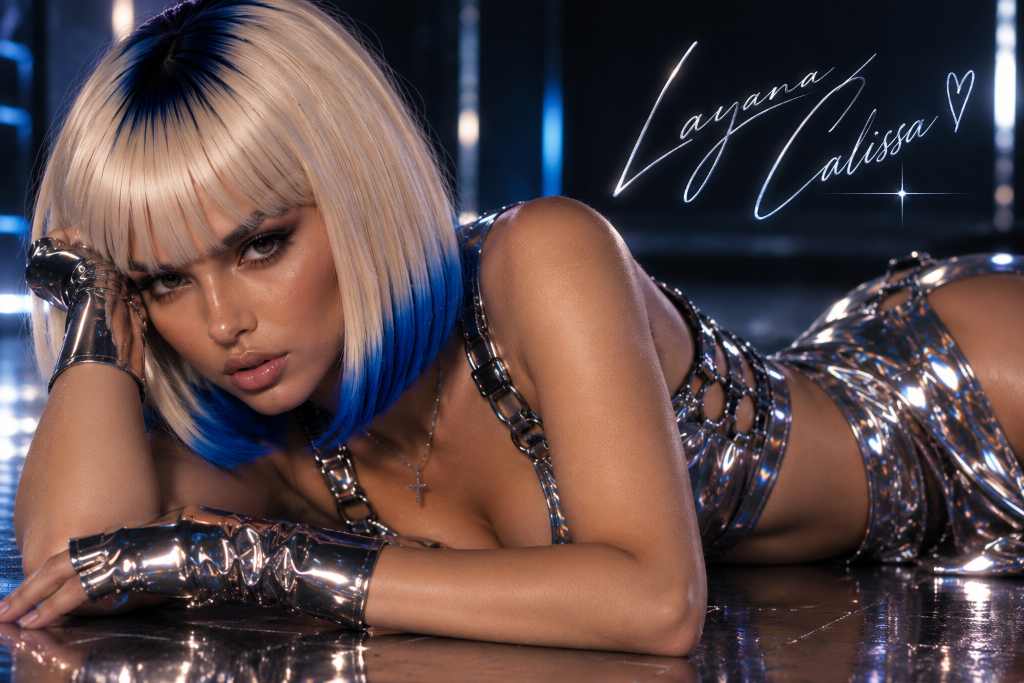 Layana Calissa reclining in a silver outfit, with blonde and blue hair and her signature beside her